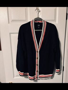 GAP Women's "Boyfriend"  Navy Cardigan with Red & White Stripe Trim XL Preppy